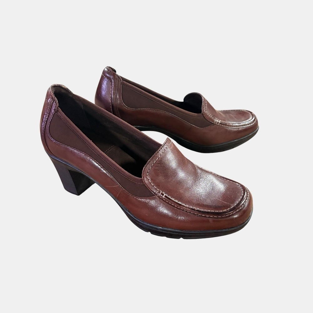 Clarks Bendables Brown Leather Loafer Heels Women's Size 8 Comfort Slip-On Shoes